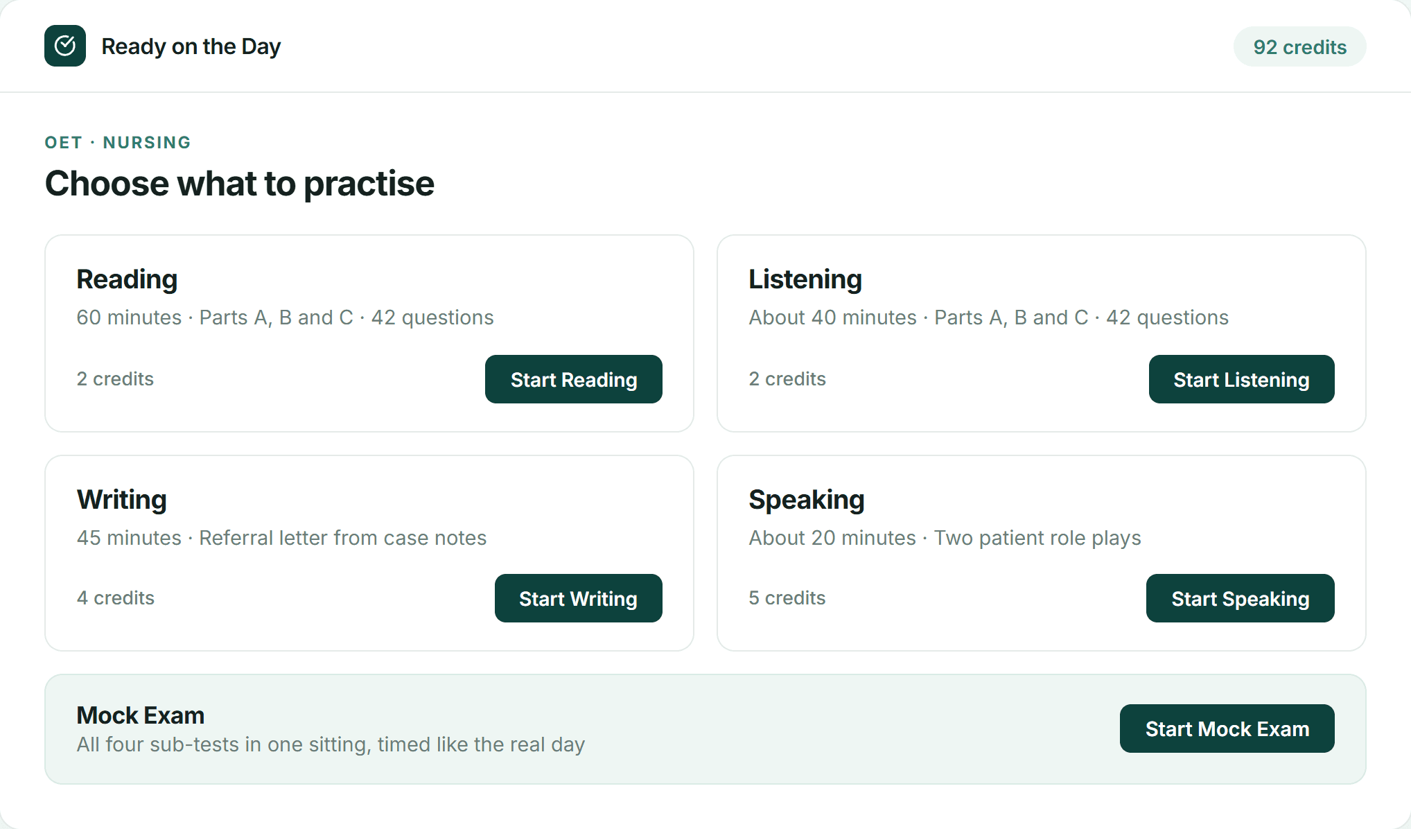 Practice screen listing Reading, Listening, Writing and Speaking with the length, question count and credit cost of each, plus a full Mock Exam